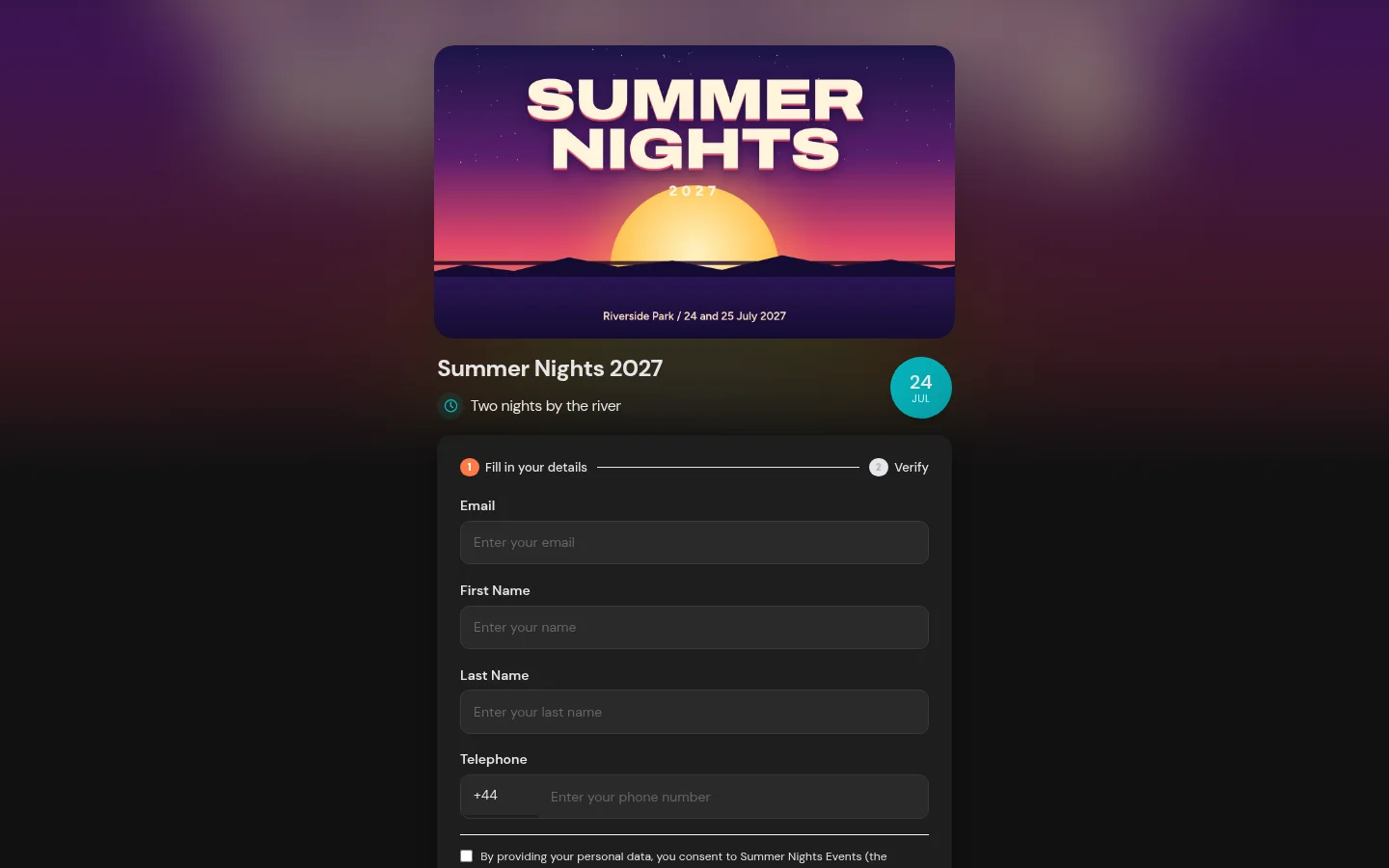 The Summer Nights 2027 demo page on a desktop browser.